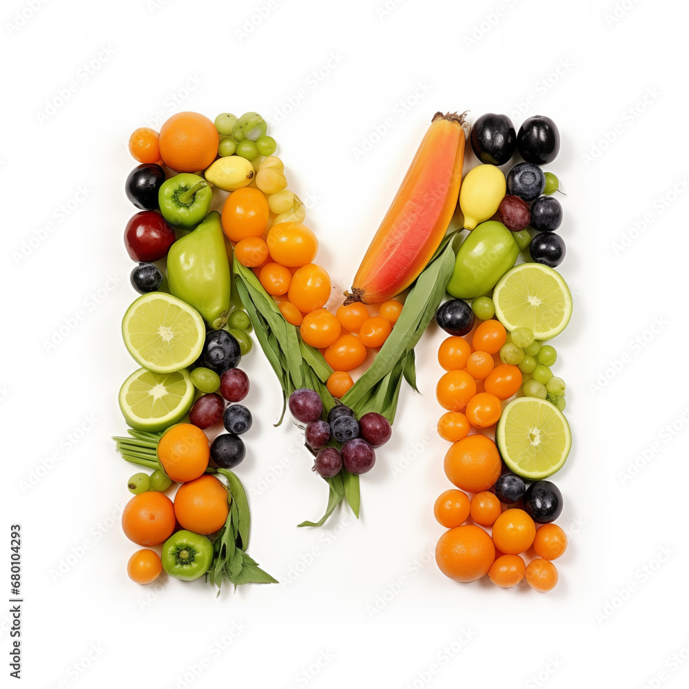 Fruit and vegetable alphabet on a white background, Letter M