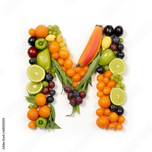 Fruit and vegetable alphabet on a white background  Letter M