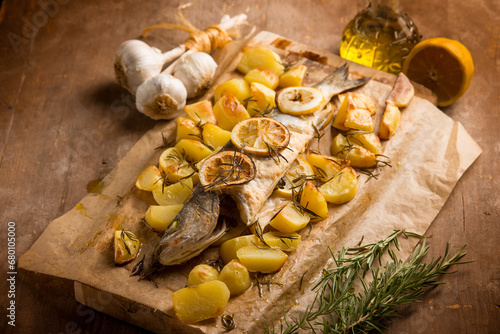 oven sea bass with potaoes lemon and rosemary photo