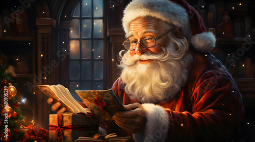Santa Claus reads wishes from children. Christmas and New Year concept.