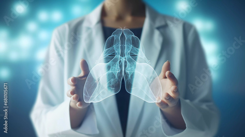 Close up of female doctor hand holding abstract lung hologram on blurry background photo