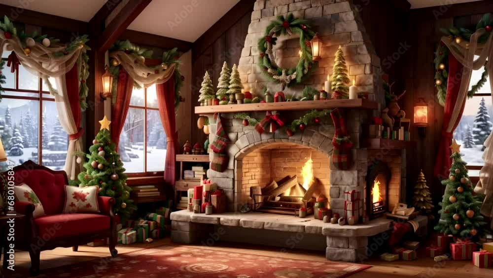 Fireplace with Christmas decorations, seamless looping time-lapse virtual video Animation Background. Fireplace with Christmas decorations, seamless looping time-lapse virtual video Animation Background.