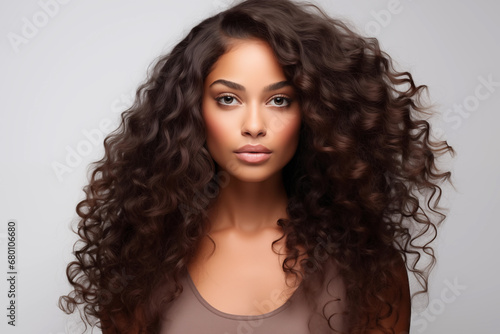 Brunette African American woman with long and shiny curly hair wears dress looking at the camera