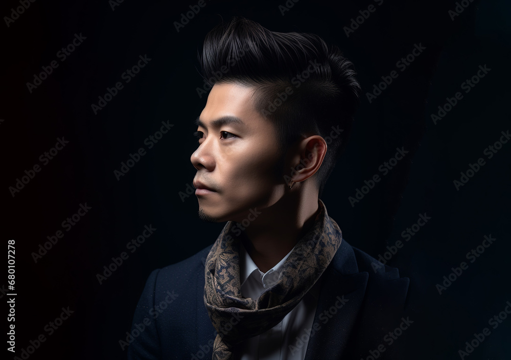 Portrait of fashion Asian man, styled in a pompadour, wearing a scarf, lit from the side against a dark background Portrait of fashion Asian man, styled in a pompadour, wearing a scarf, lit from the side against a dark background