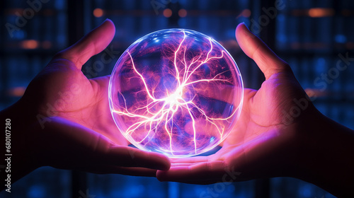 woman hand touching plasma ball, vibrant energy rays, futuristic technology