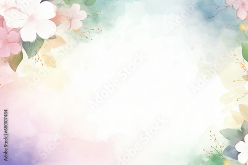 Watercolor background with a gradient of pastel colors, adorned with clusters of white and pink flowers, and a blank white space in the center. Apt for delicate invitations, and romantic card designs.