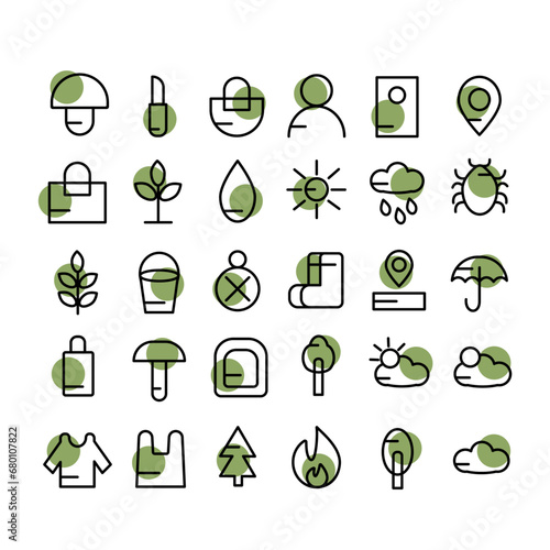 Set of eco icons forest picking mushrooms park. Simple nature icon set. Containing forest, wood, camp, weather, picnic, food, plants, cloth, fire and mushroom icons. Solid vector icon collection