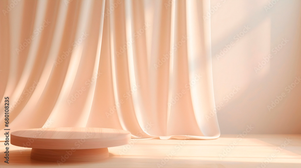 Empty modern round wooden podium, background with soft white curtain drapes in sunlight.Generative Ai