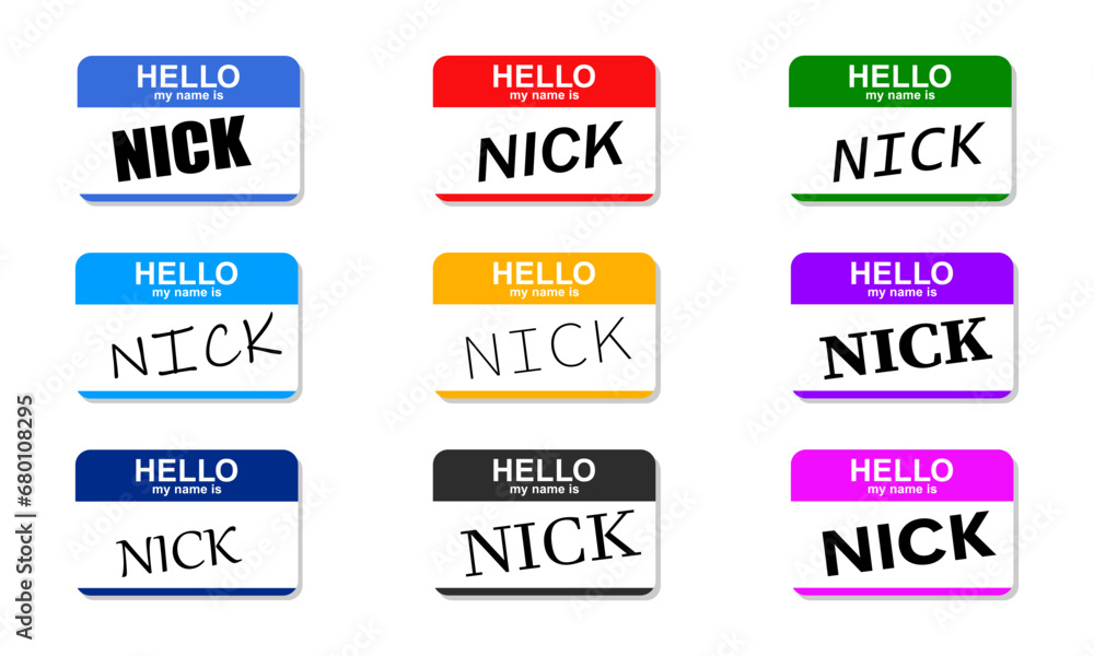 Nametag vector Badge with empty space and text in different styles and colors hello my name is communication set of colored badges on white background eps10