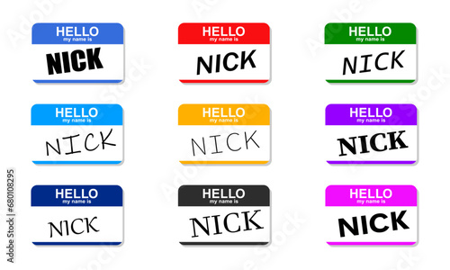 Nametag vector Badge with empty space and text in different styles and colors hello my name is communication set of colored badges on white background eps10
