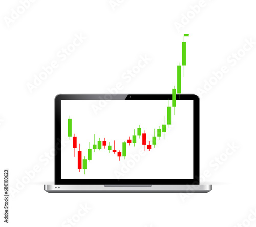 Monitor laptop screen charts arrow graph rise price vector concept. Market chart increase economy background profit.