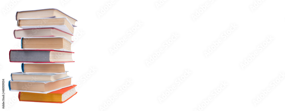 Composition with hardcover books, Books stacking, isolated on white background. Back to school. Copy Space. Education background. Banner Composition with hardcover books, Books stacking, isolated on white background. Back to school. Copy Space. Education background. Banner