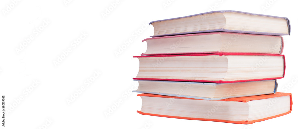Composition with hardcover books, Books stacking, isolated on white background. Back to school. Copy Space. Education background. panorama, banner. Composition with hardcover books, Books stacking, isolated on white background. Back to school. Copy Space. Education background. panorama, banner.