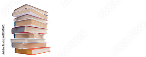 Composition with hardcover books, Books stacking, isolated on white background. Back to school. Copy Space. Education background. Banner