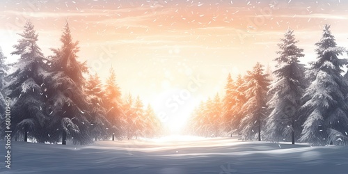 Winter wonderland. Breathtaking snowy landscape with majestic trees blue sky and christmas magic. Celebrate season. Scene of snow covered forest pine tree and warm glow of sunrise © Wuttichai