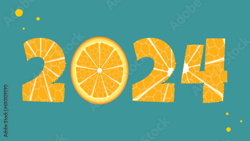 Happy New Year 2024. Vector illustration with orange slice. Design for greeting card, banner, poster or flyer