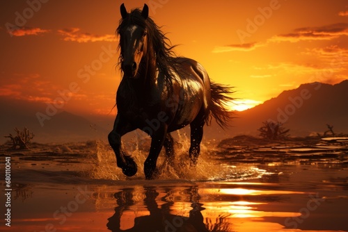 horse in the sunset on the beach 