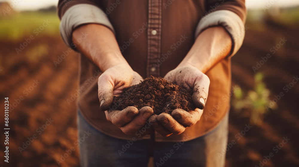 Farmer holding soil in hands - obrazy, fototapety, plakaty 