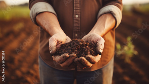 Farmer holding soil in hands photo