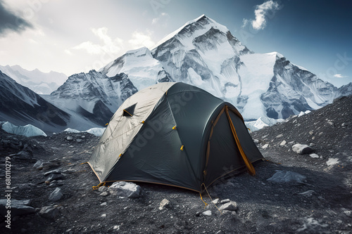 green tent is pitched on a rocky terrain against the backdrop of a snow-covered mountain range under a gray sky, ai generative