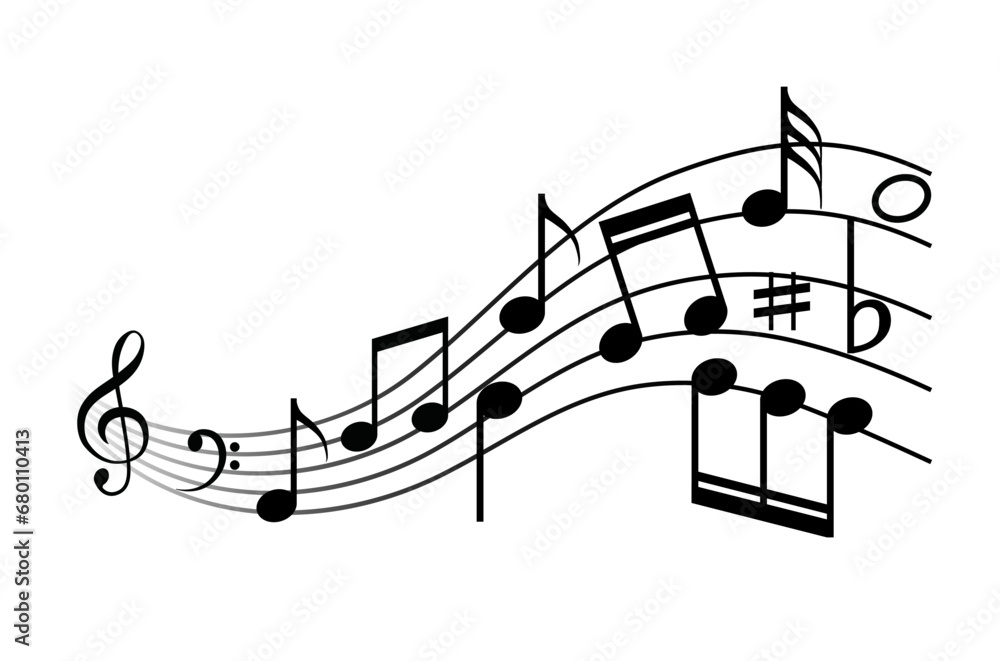 Fototapeta premium Music note vector sheet icon staff illustration design. Melody music note key sheet background design.