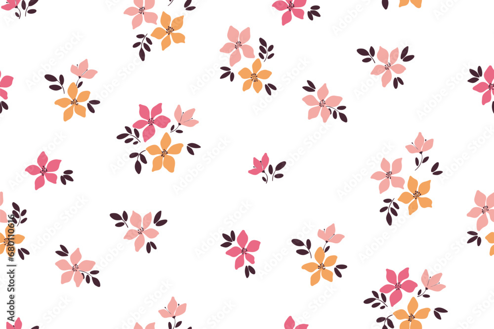 Seamless floral pattern, cute liberty ditsy print with mini botany in spring motif. Pretty botanical design: small hand drawn flowers, tiny leaves abstract on a white background. Vector illustration.