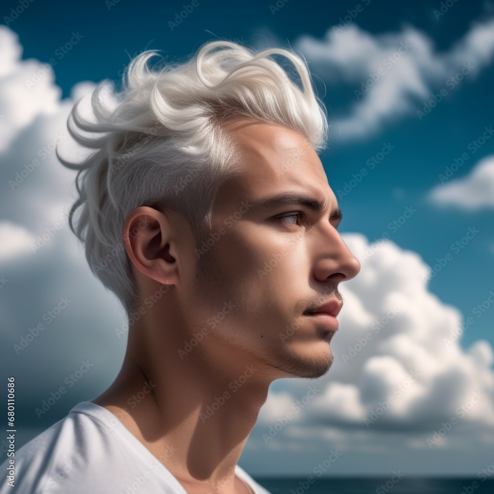 Portrait of a young blond man on a background of blue neya with white clouds. AI