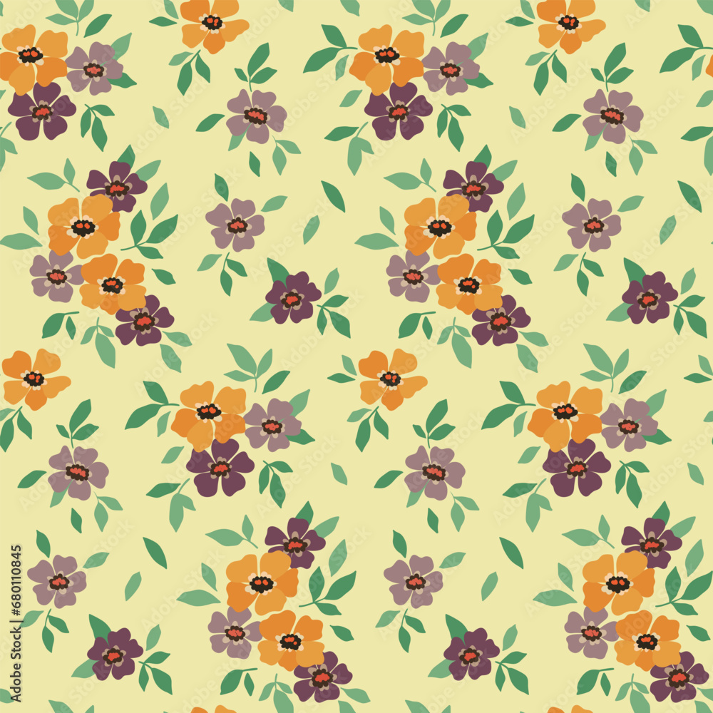 Seamless floral pattern, abstract ditsy print in retro motif. Simple elegant botanical design, liberty garden: small hand drawn flowers bouquets, leaves on light. Fashion fabric, paper print. Vector.