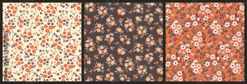 Seamless floral pattern, liberty ditsy print collection. Cute botanical design, background with autumn rustic motif: small hand drawn flowers, tiny leaves, pretty mini bouquets. Vector illustration.