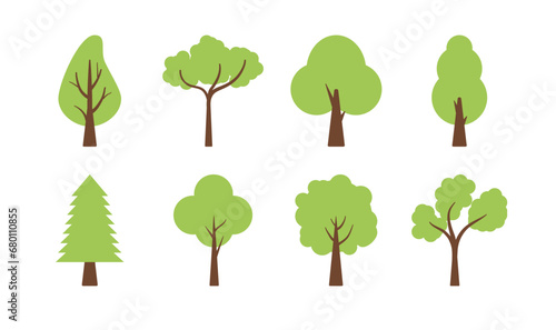 Vector tree simple flat icon. Cartoon tree forest icon silhouette set  green branch leaf.