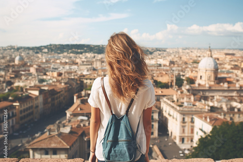 A portrait of a woman standing at the highest view point of the city to see the beautiful ancient Rome landscape. Generative AI.