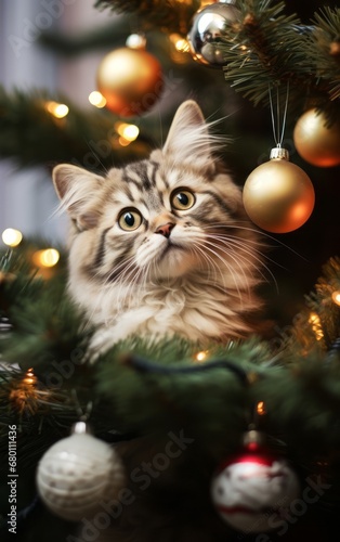 Close up of cute little cat on the Christmas tree. Bokeh lights in background. © Dragan
