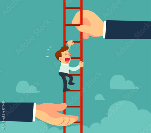 businessman climbing ladder supported by helping hands photo