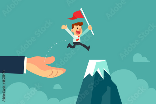 businessman jump off helping hand to top of mountain