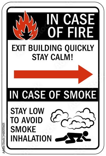 In case of fire sign exit building quickly, stay calm. In case of smoke stay low to avoid smoke inhalation