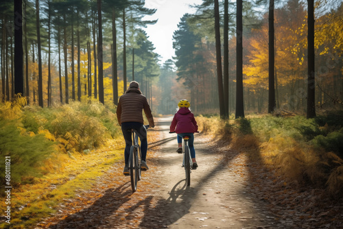 Rear view of a father and daughter biking through a beautiful autumn forest sunny day