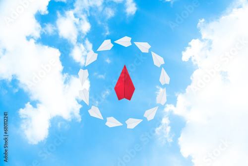 Paper plane presented as project team leading by leader floating on the sky background. Project management  leader and associate.