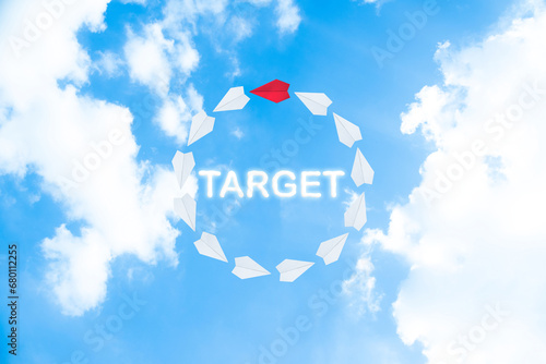 Target word surrounding by group of paper planes. Group target concept for business and working team. Working leader leading team to achieve the target.