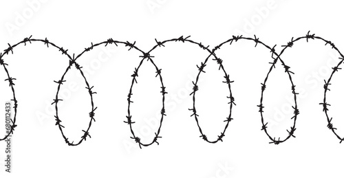 Barbed seamless wire vector fence barbwire border chain. Prison line war barb background metal silhouette. photo