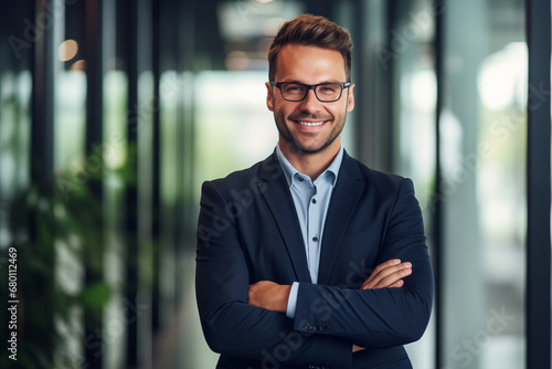Portrait of a smiling handsome confident businessman standing in modern office building looking at the camera with successful Happy Young Male Worker. Business People. photo