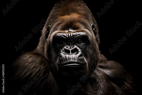 AI generated illustration of a portrait of a gorilla on a dark background