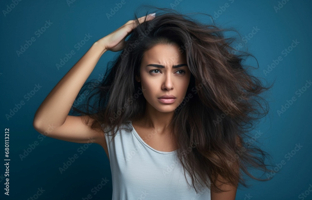 A Profound Portrait of a Woman with Dry Ends, Stressed as She Contemplates Her Damaged Hair, Embarking on a Journey of Restoration, Resilience, and Self-Care, Unveiling the Beauty Beyond the Breakage A Profound Portrait of a Woman with Dry Ends, Stressed as She Contemplates Her Damaged Hair, Embarking on a Journey of Restoration, Resilience, and Self-Care, Unveiling the Beauty Beyond the Breakage