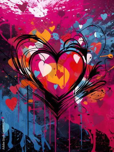 A graffiti-style painting with a heart motif and a vibrant splash of colours and patterns.