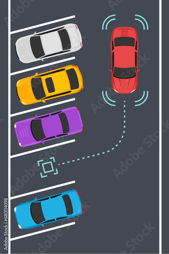 Parking smart car sensor autonomous view. Automobile park assist drive safety