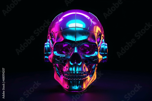 neon light robot skull on black background