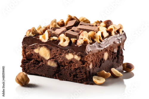 Piece of chocolate hazelnuts cake isolated on white background
