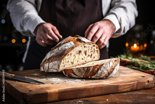 Male hands with freshly baked bread on a wooden board in a bakery, Fresh bread on the kitchen table, Baker or cooking chef showing fresh baked bread, traditional bakery