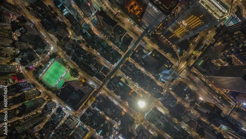 Top View Hyperlapse of Traffic in Hong Kong City, Aerial view city streets at night, Establishing shot for Innovation technology and transportation Concept