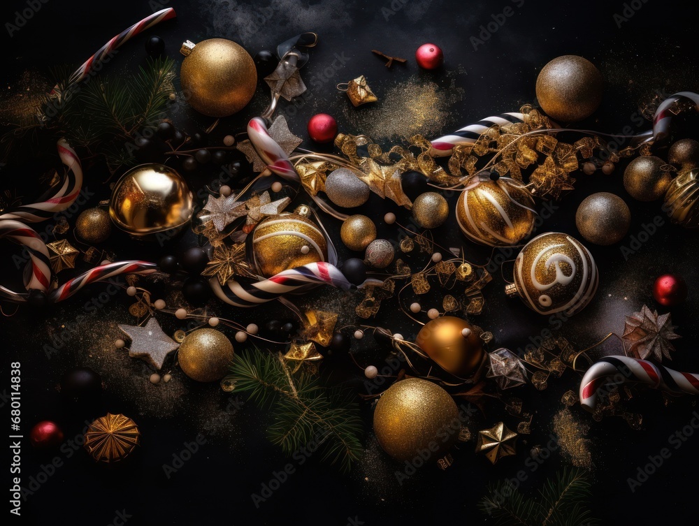 Naklejka premium New Year background with Christmas decorations Top view