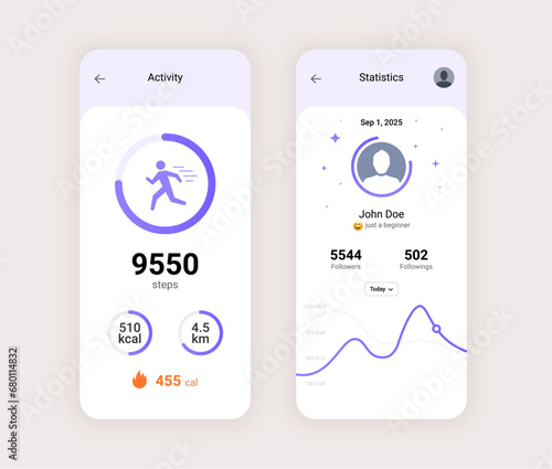 Step counter fitness tracker app design. Walk flat health fit activity vector smart phone watch step counter.